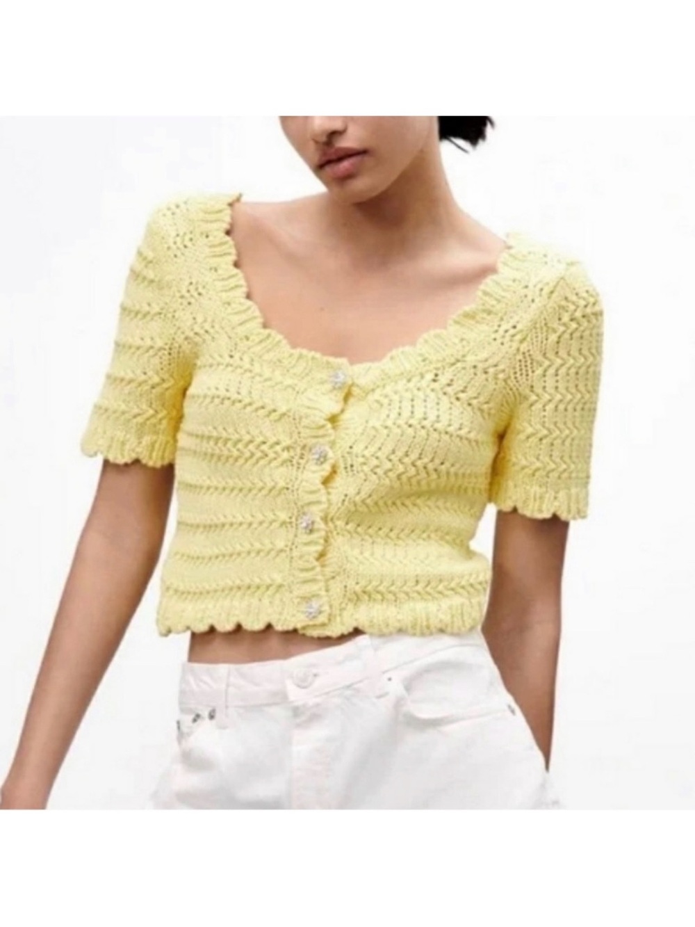 Zara Yellow Knit Scallop-Edge Jewel button cardigan XS